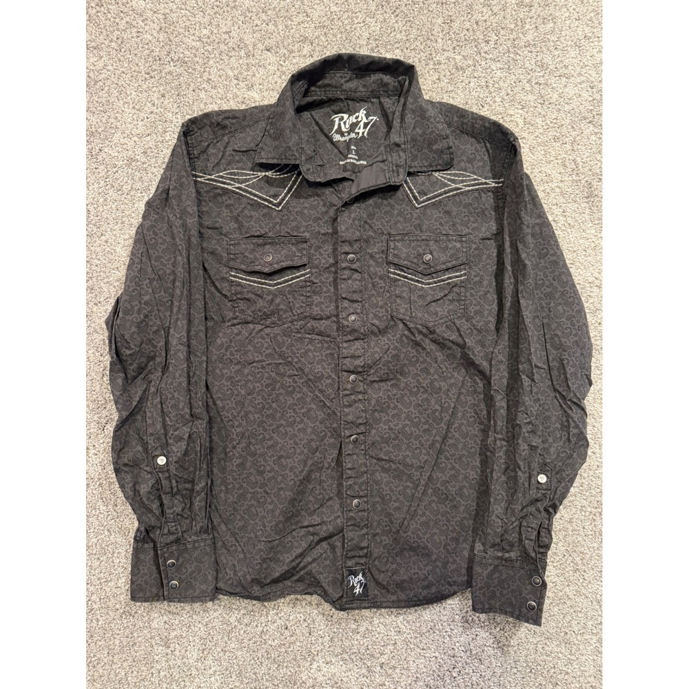 Rock 47 Button Down Shirt Mens L Black Paisley Western Snap Pearl 112330424